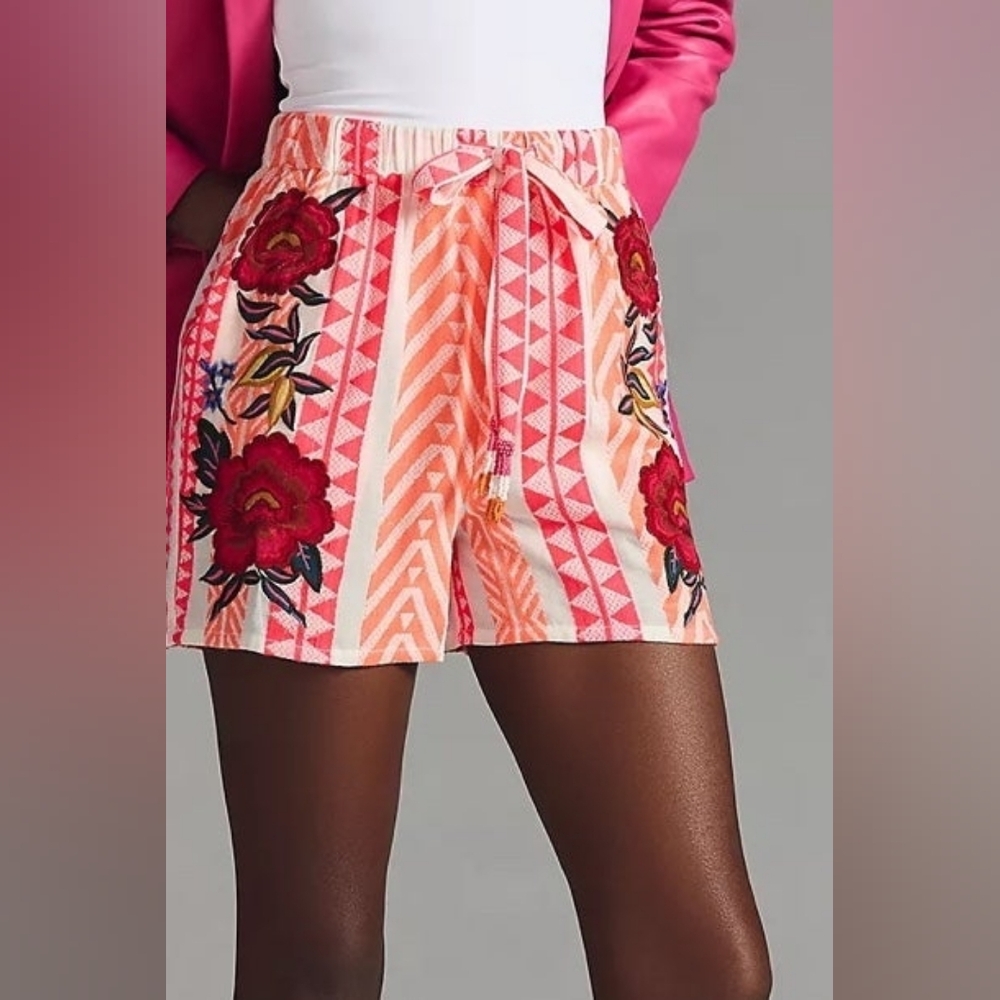 FARM Rio Coral & Red Floral Embroidered Drawstring Shorts
